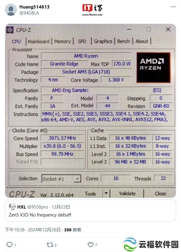 AMD Ryzen 9 9950X3D 处理器曝光：16 核 32 线程、5.65GHz、128MB 三缓，170W TDP